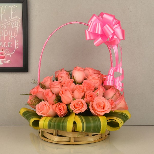 Basket Arrangememt of 30 Pink Roses