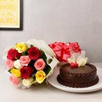 12 Mix Roses in Paper Packing with Half Kg Chocolate Cake