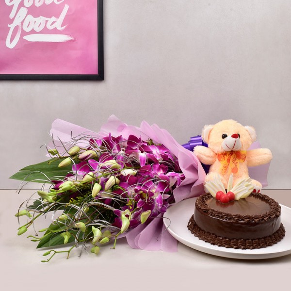 Orchids with Chocolate Cake and Teddy