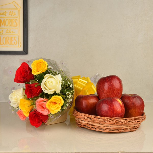 10 Colorful Roses Bouquet with 1 Kg Fresh Apples in a basket