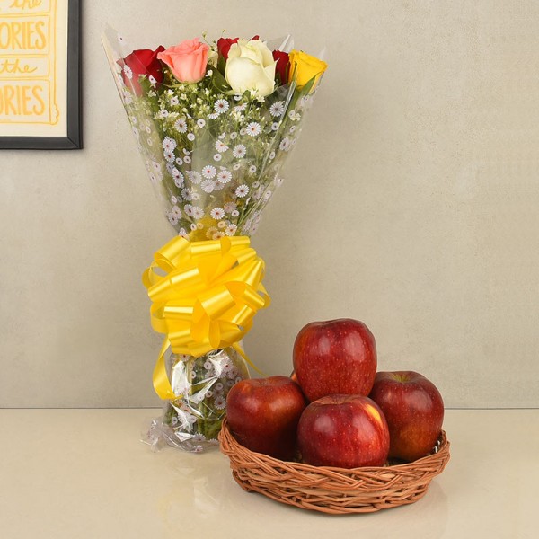 Mixed Roses with Fresh Fruits Basket