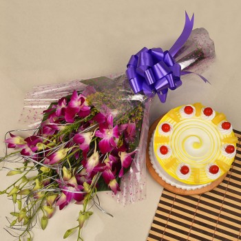 6 Purple Orchids Bunch with Half Kg Pineapple Cake