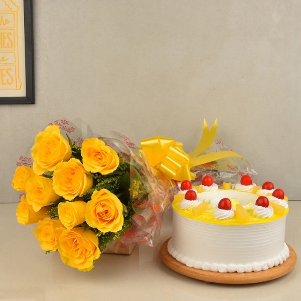 10 Yellow Roses Bouquet with Half Kg Pineapple Cake