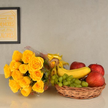 12 Yellow Roses in Cellophane Packing, Yellow Bow with 2 Kg Seasonal Fruits in Basket