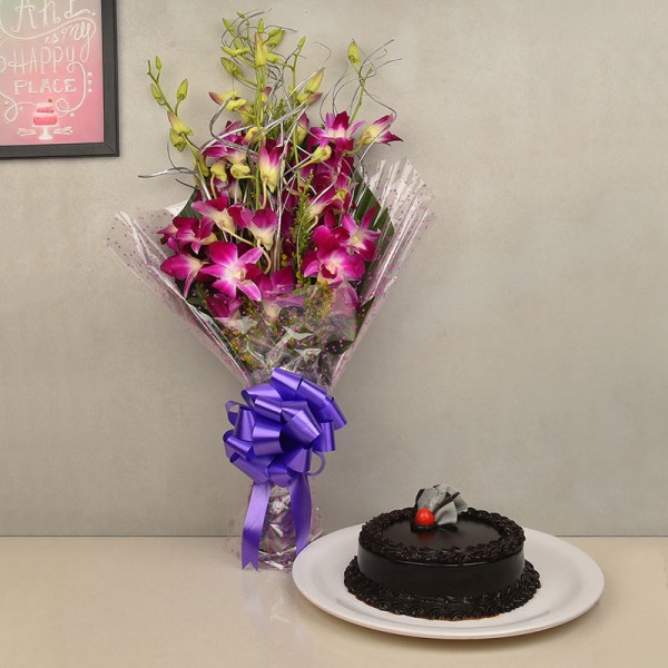 Round Truffle Cake with Orchids
