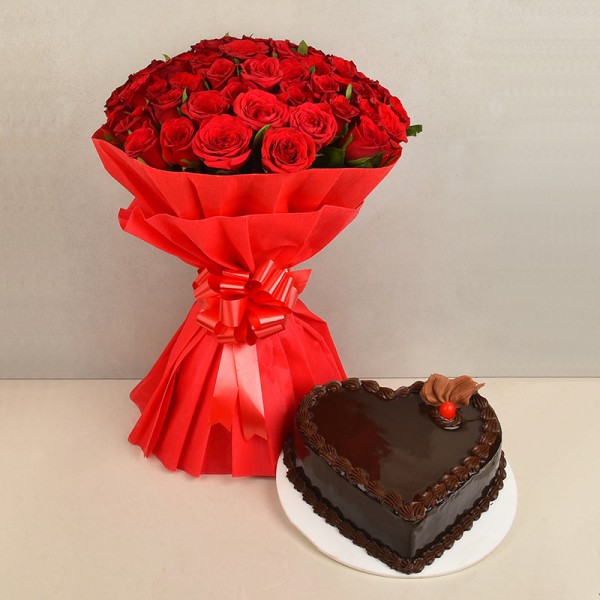 Red Flowers with Heart Shape Cake