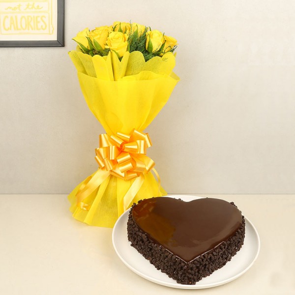 Flowers with Heart Shape Chocolate Cake