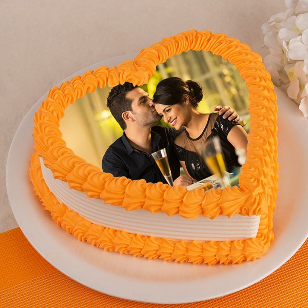 One Kg Heart Shape Photo Pineapple Cake for Couple
