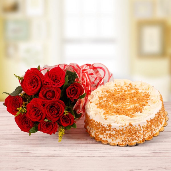 10 Red Roses with Half Kg Butterscotch Cake