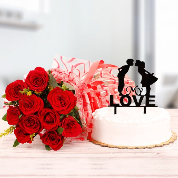  10 Red Roses and Half Kg Vanilla Cake