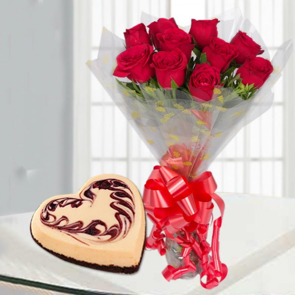 10 Red Roses with 1 Kg Heart Shape Strawberry Cheesecake