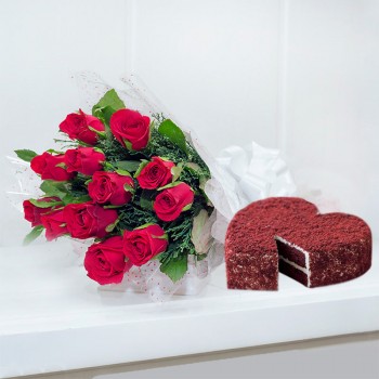 12 Red Roses with 1 Kg Heart Shape Red Velvet Cake