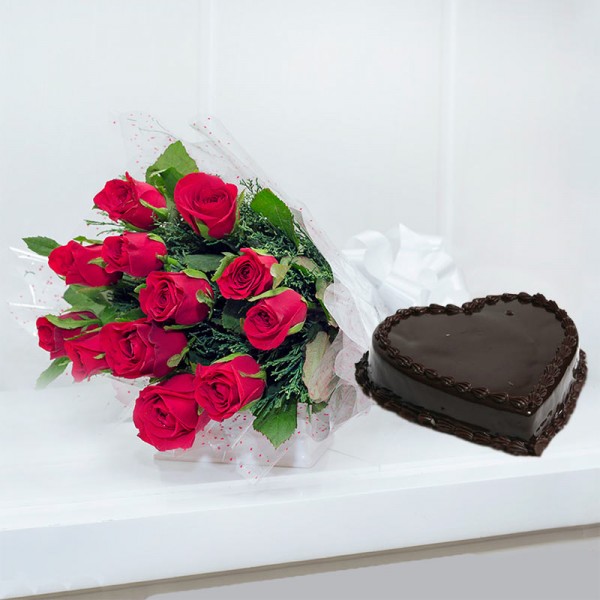 10 Red Roses with Half Kg Heart Shape Chocolate Cake