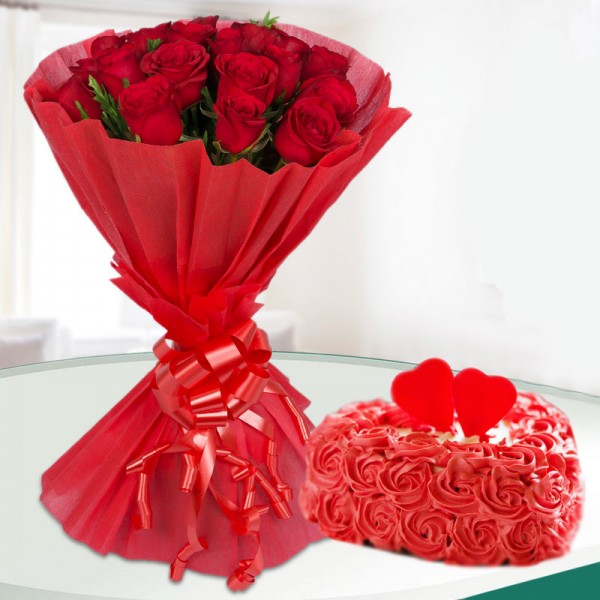 20 Red Roses with 1 Kg Heart Shape Vanilla Rose Cake in Red Paper Packing