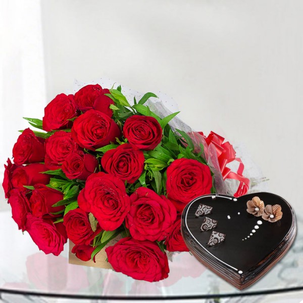 20 Red Roses with 1 Kg Heart Shape Chocolate Truffle Cake in Cellophane Packing 