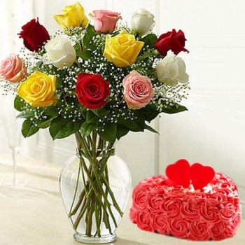 12 mixed Roses with 1 Kg Heart Shape Rose Cake in a Glass Vase