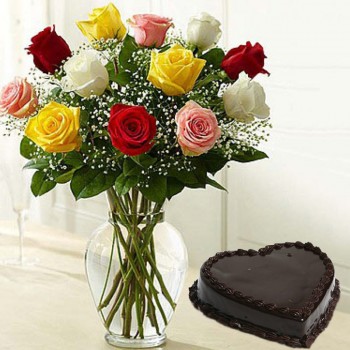 12 Mixed Roses with 1 Kg Heart Shape Chocolate Cake in a Glass Vase