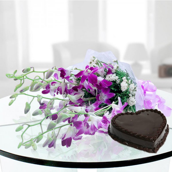  6 Purple Orchids with 1 Kg Heart Shape Chocolate Cake