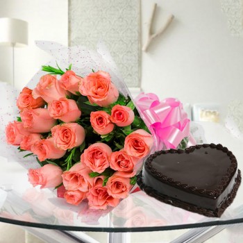 20 Peach Roses with 1 Kg Heart Shape Chocolate Cake