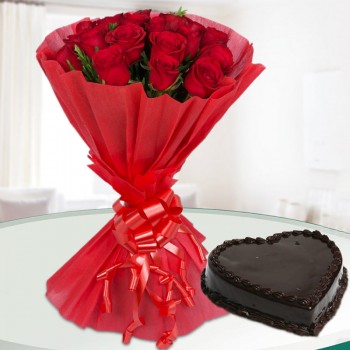 12 Red Roses with 1/2 Kg Heart Shape Chocolate Cake