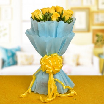 12 Yellow Roses in Blue Paper Packing