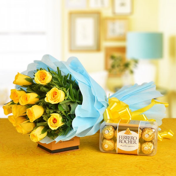 12 Yellow Roses Bunch with 16 pcs Ferrero Rocher