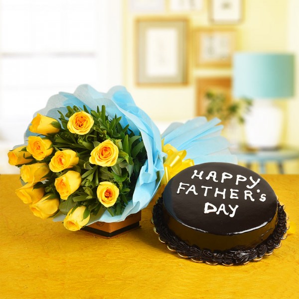 12 Yellow Roses with Half Kg Chocolate Cake for Fathers Day