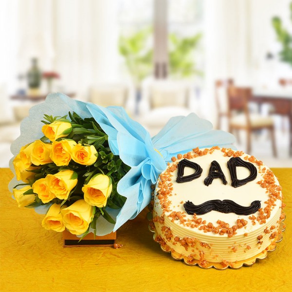 12 Yellow Roses Bouquet with Half Kg Butterscotch Cake for Father