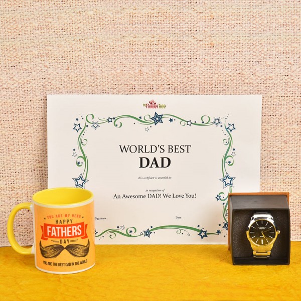Happy Fathers Day Coffee Mug with Certificate and Wrist Watch