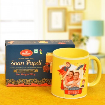 Combo of Personalised Coffee Mug and Soan Papdi 250 gm for Fathers Day