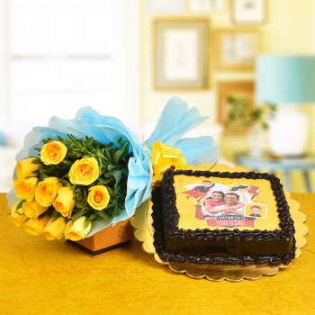 12 Yellow Roses Bouquet with 1 Kg Photo Printed Chocolate Cake for Dad