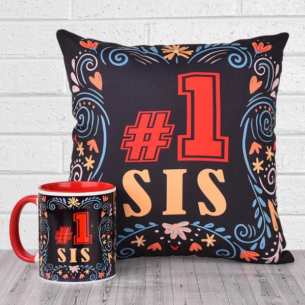 No 1 Sis Printed Cushion and Mug Combo for Sister