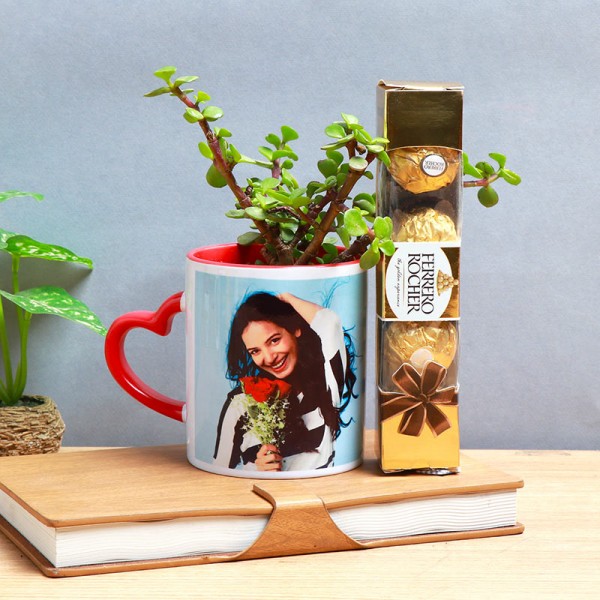 One Jade Plant with Personalised Red Heart Handle Mug and Ferrero Rocher Chocolate (4 pcs) for Her