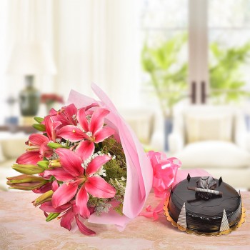 10 Pink Asiatic Lilies with Half Kg Chocolate Truffle Cake