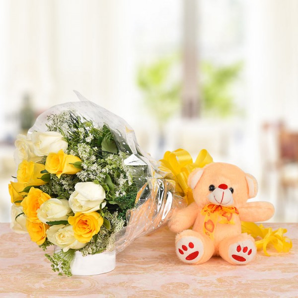 6 Yellow Roses and 6 White Roses with 1 Brown Teddy Bear (6 Inches)