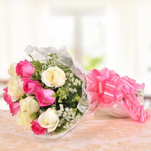 12 (Pink and White) Roses Bunch