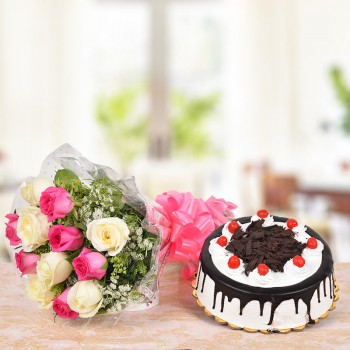 6 Pink Roses and 6 White Roses with Half Kg Black Forest Cake