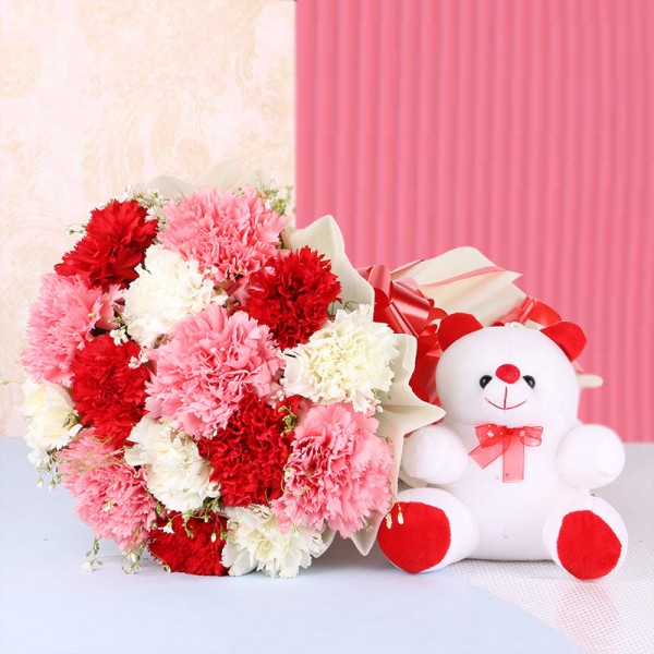 15 Mix Carnations in White Paper packing with Teddy Bear (6 inches)