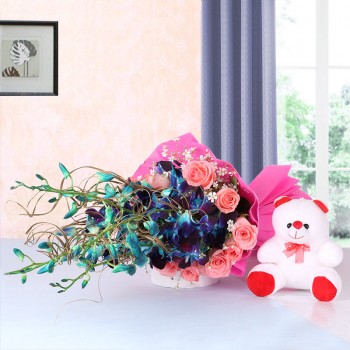 6 Blue Orchids and 12 Pink Roses in Pink Paper packing with Teddy Bear (6 inches)