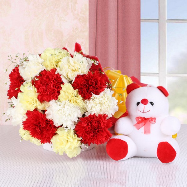 15 Carnations (Yellow, White and Red) in Red Paper packing with Teddy Bear (6 inches)