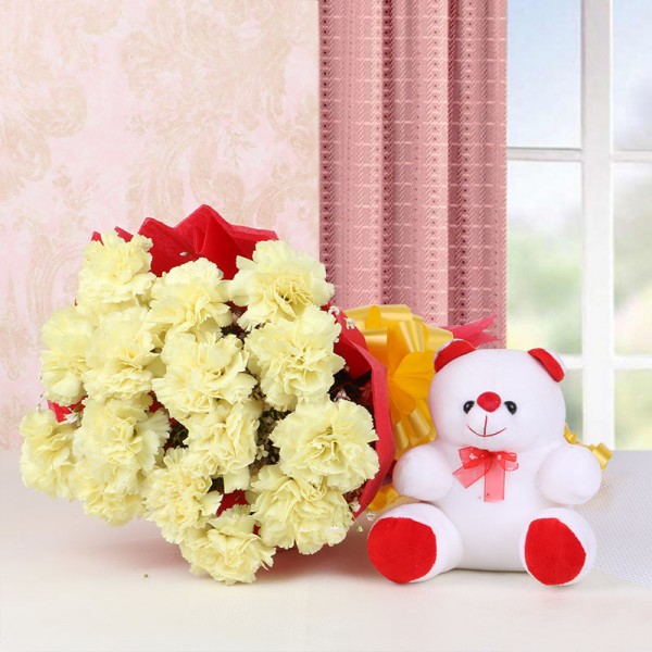 15 Yellow Carnations in Red Paper Packing with Teddy Bear (6inches)