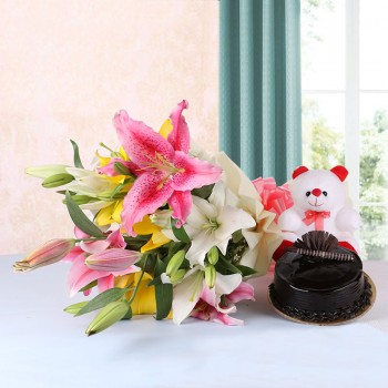 10 Assorted Asiatic Lilies in White Paper packing with Chocolate Truffle Cake (Half Kg) and Teddy Bear (6 inches)