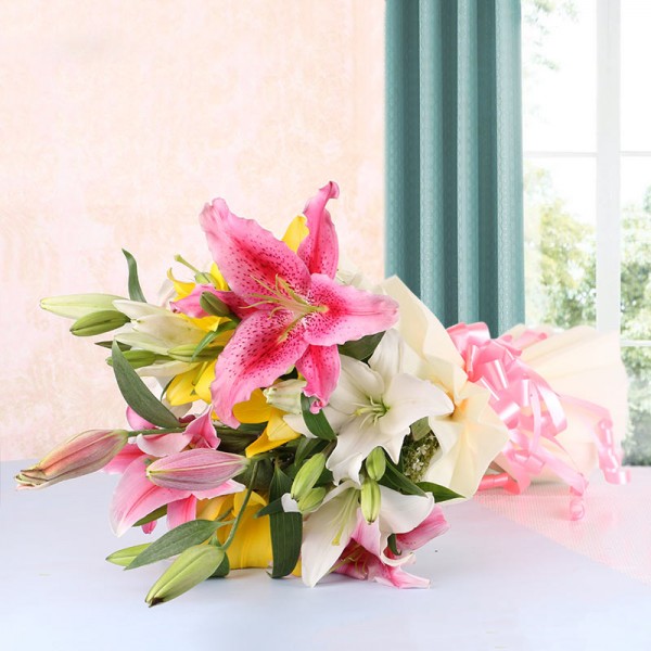 8 Assorted Asiatic Lilies with White Paper packing