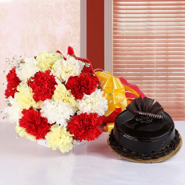 15 Carnations (Yellow, White and Red) in Red Paper packing with Chocolate Truffle Cake (Half Kg)