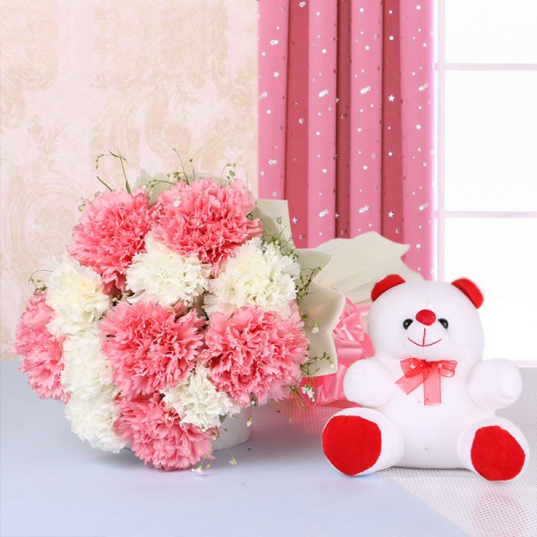 12 Carnations (Pink and White) in White Paper packing with Teddy Bear (6 inches)