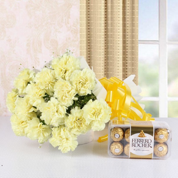 15 Yellow Carnations with a box of 16 pcs of Ferrero Rocher Chocolates - Paper Packing