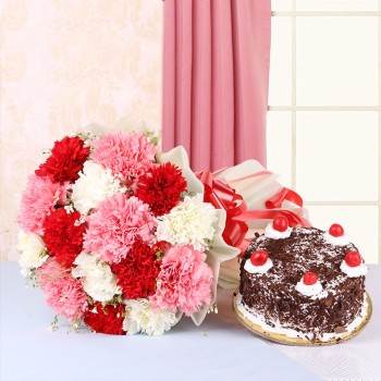 15 Mix Carnations in White Paper packing with Black Forest cake (Half Kg)