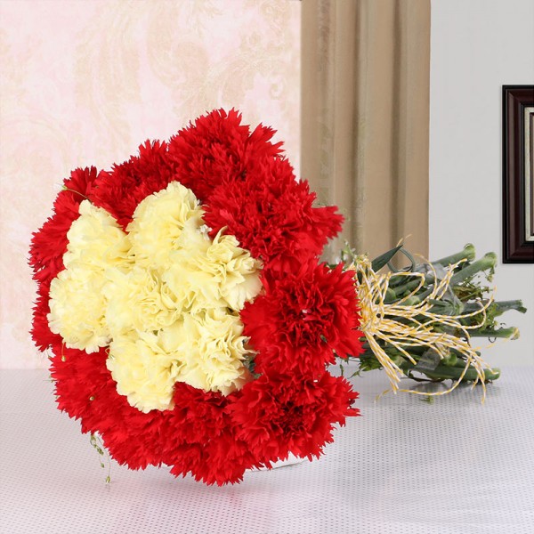 16 Carnations (Yellow and Red) with Yellow Raffia Knot