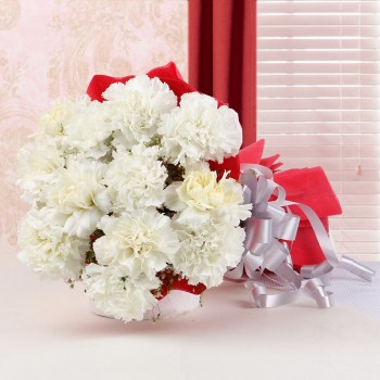12 White Carnations with Red Paper Packing