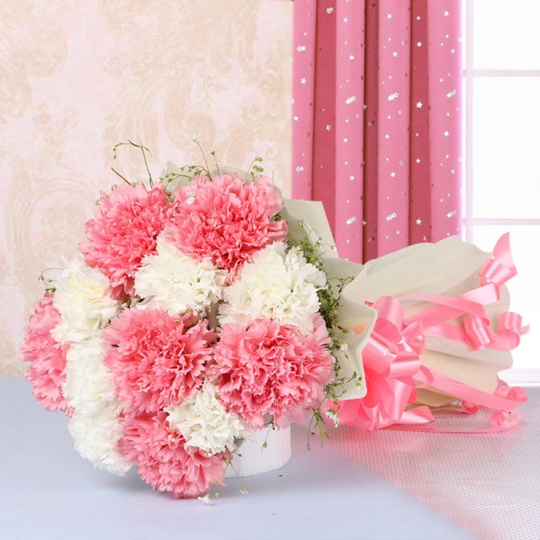 12 Carnations (Pink and White) with White Paper packing